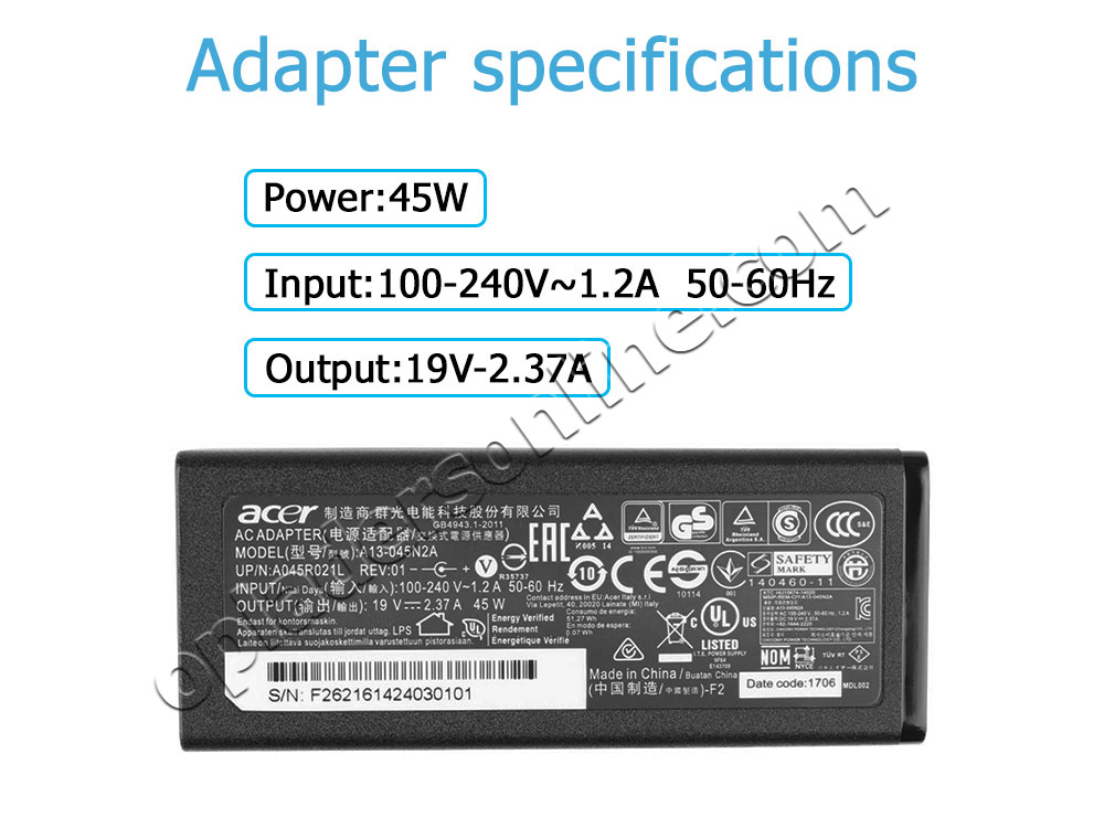 45W Acer Aspire One Cloudbook 11 AO1-131 AC Adapter Voeding Oplader