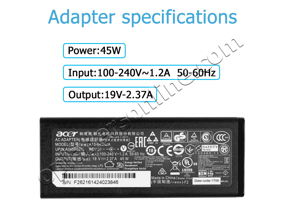 45W Acer Aspire 1 A111-31-C06Y Adapter Voeding Oplader