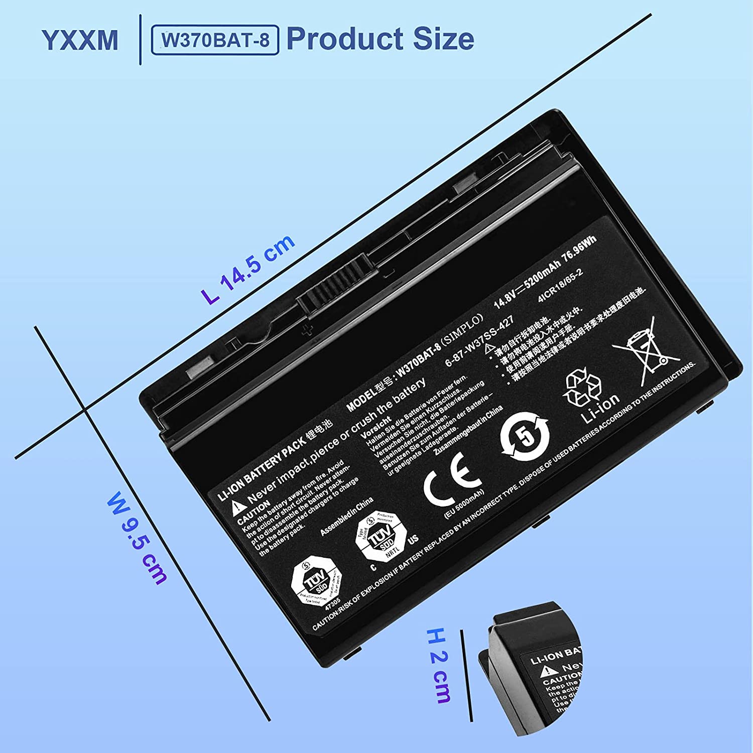 5200mAh 76.96Whr 8-Cellen Clevo W355ST W355STQ Accu Batterij