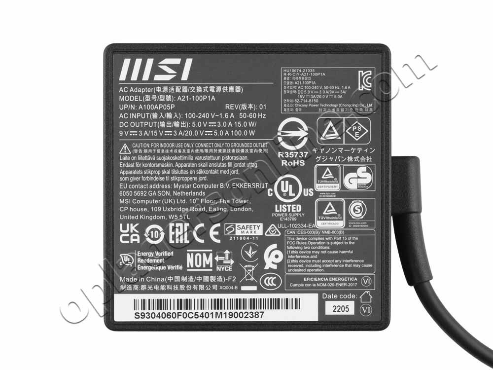 Origineel 100W USB-C MSI Prestige 14 Evo B13M-287AU Adapter Voeding Oplader + Koord