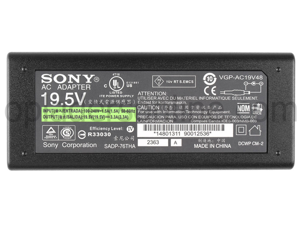 65W Sony SVS13A2Z9ES Sony SVS13A2Z9ES.G4 Adapter Voeding Oplader + Koord